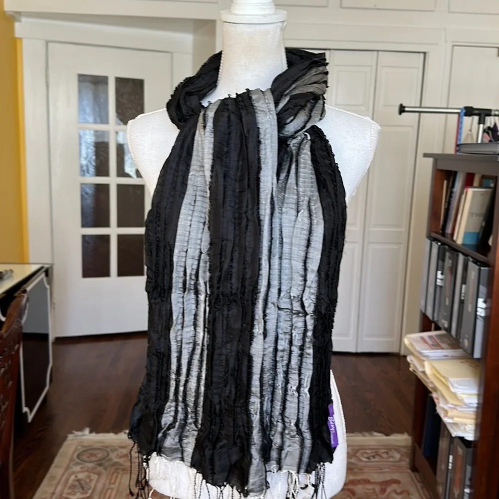 Sevya handmade crinkled silk rectangular oblong scarf with fringe black silver